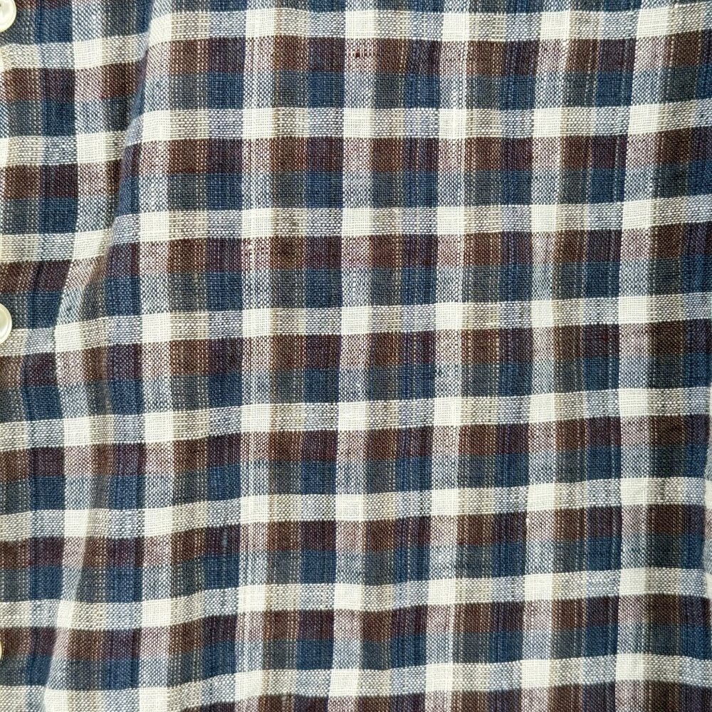 Cigar Couture Mens Medium Plaid Linen Button-Up Shirt Blue Brown Beige - Picture 2 of 8